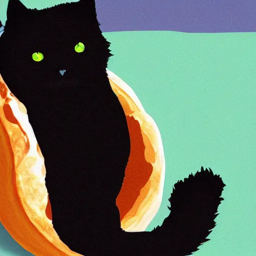 Image similar to a black fluffy cat holding a bagel, digital art