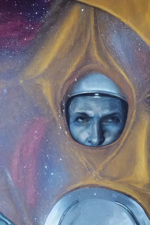 Image similar to hyperrealism oil painting, close - up portrait of face hiding in stingray medieval fashion model, knight, steel gradient mixed with nebula sky, in style of baroque mixed with 7 0 s book art