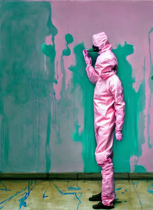 Prompt: a skinny, starving artist in a hazmat suit, painting the walls inside a deserted chernobyl, hauntingly surreal, highly detailed painting by francis bacon, edward hopper, adrian ghenie, gerhard richter, and james jean, soft light 4 k in pink, green and blue colour palette, science fiction, highly detailed