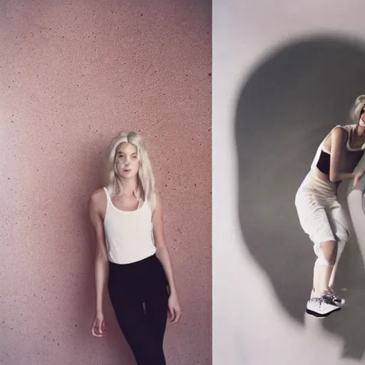 Image similar to realistic photoshooting for a new nike lookbook, color film photography, portrait of a beautiful blonde woman, in style of Davey Adesida, 35mm, film photo