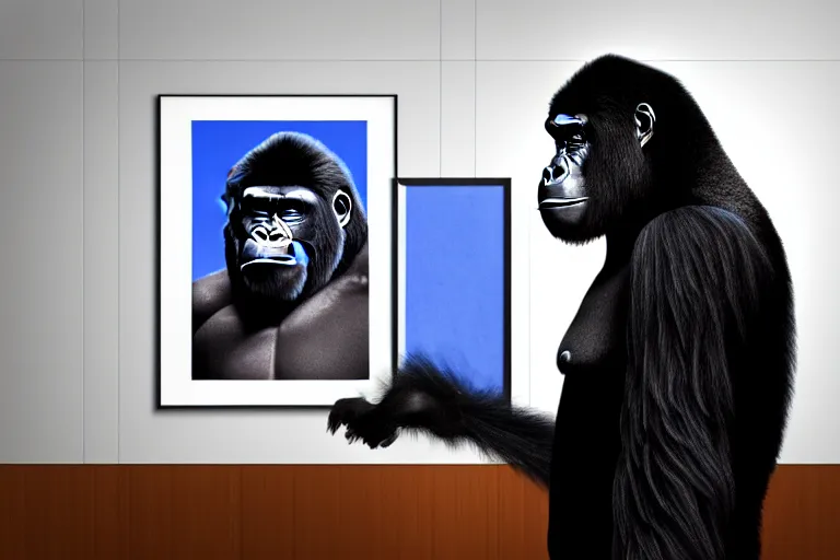 Prompt: Gorilla standing beside a framed illustration of a vividly colored portrait of a man wearing a turtleneck and an admiral’s hat, hyperrealistic, concept art, 8k, artstation, cinematic, volumetric lighting