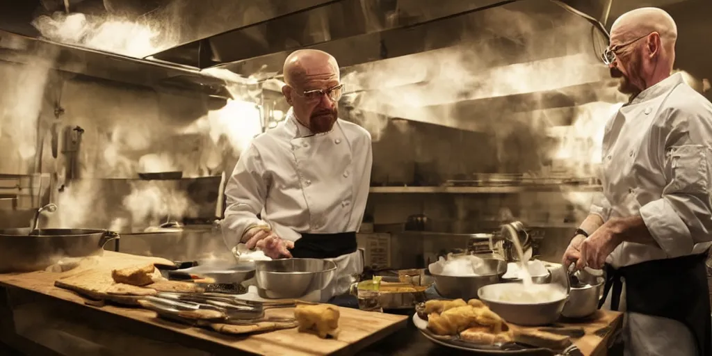 Image similar to Walter White Cooking In A Kitchen, 8k, Exquisite Detail, HD, Photorealistic, Cinematic Lighting