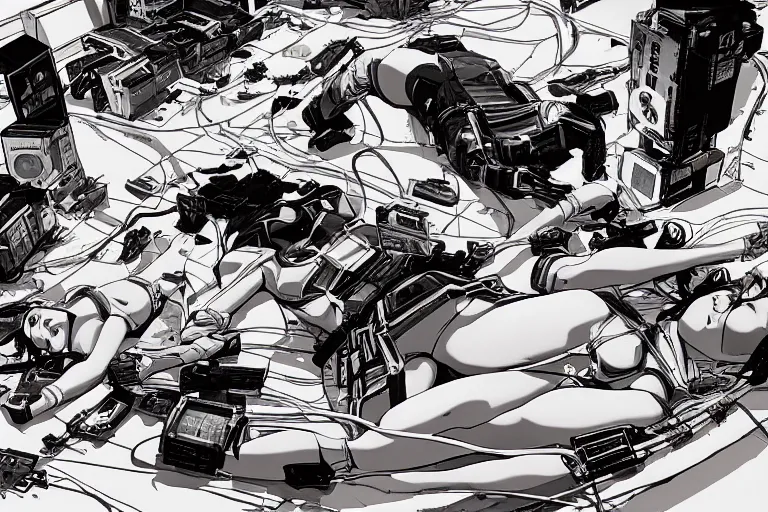 Image similar to a cyberpunk illustration of a group of coherent female androids in style of masamune shirow, lying on an empty, white floor with their bodies broken scattered rotated in different poses and cables and wires coming out, by yukito kishiro and katsuhiro otomo, hyper-detailed, intricate