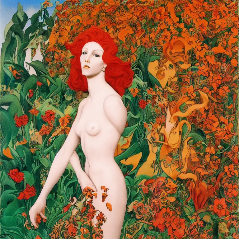 Image similar to Red-haired girl, androgynous appearance, standing in flowers, golden background Stanisław Szukalski and Roger Dean