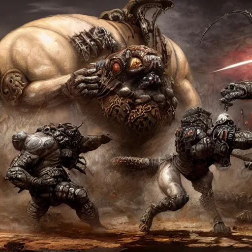 Prompt: pug battle, intricate detail, royo, vallejo, frazetta, giger, whealan, hd, unreal engine,