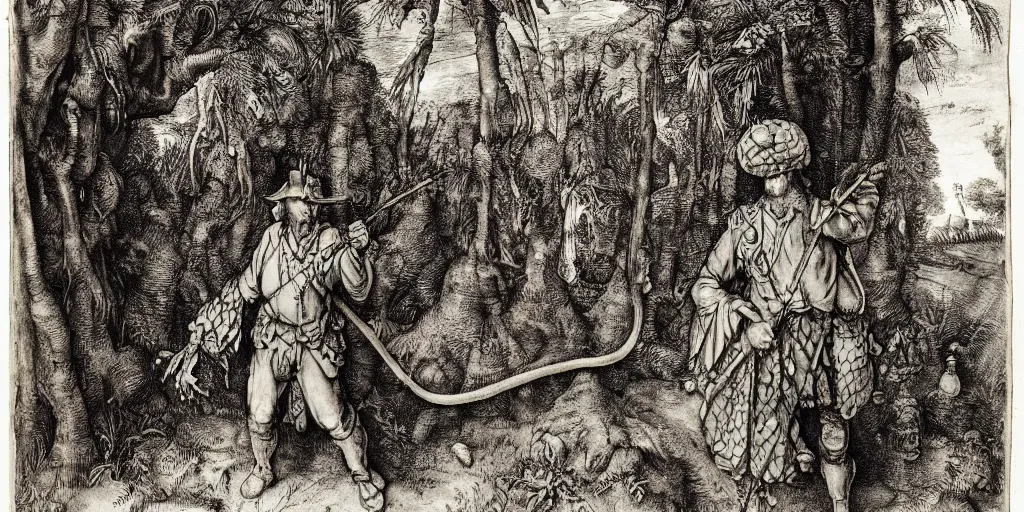 Prompt: A colonial soldier with a snake head, in a tropical forest by Albrecht Dürer, ink, engraving, 17th century, landscape