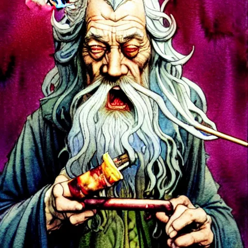 Image similar to a realistic and atmospheric watercolour fantasy character concept art portrait of gandalf with bloodshot eyes laughing and smoking weed out of his pipe by rebecca guay, michael kaluta, charles vess and jean moebius giraud