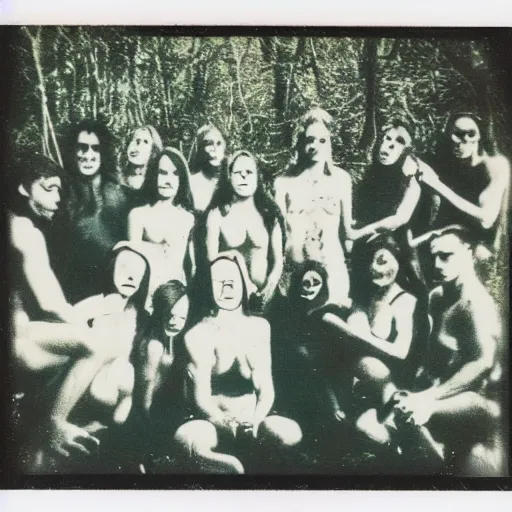 Image similar to Polaroid photo of a satanic cult in the swamp