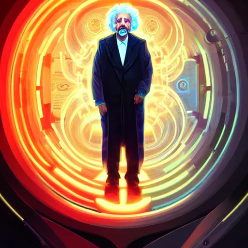 Image similar to symmetry!! portrait of albert einstein, sci - fi, tech wear, glowing lights!! intricate, elegant, highly detailed, digital painting, artstation, concept art, smooth, sharp focus, illustration, art by artgerm and greg rutkowski and alphonse mucha