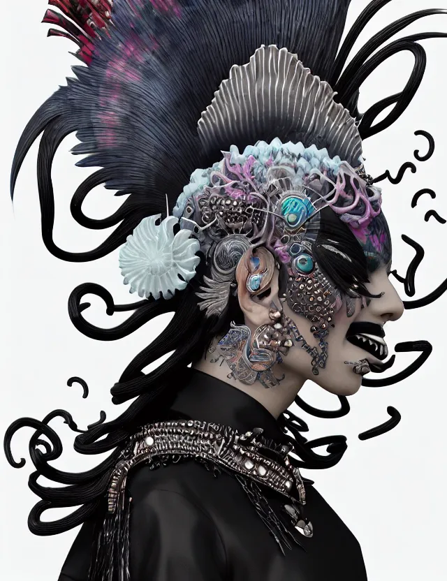 Image similar to 3 d goddess close - up profile portrait punk with mohawk with ram skull. beautiful intricately detailed japanese crow kitsune mask and clasical japanese kimono. betta fish, jellyfish phoenix, bio luminescent, plasma, ice, water, wind, creature, artwork by tooth wu and wlop and beeple and greg rutkowski