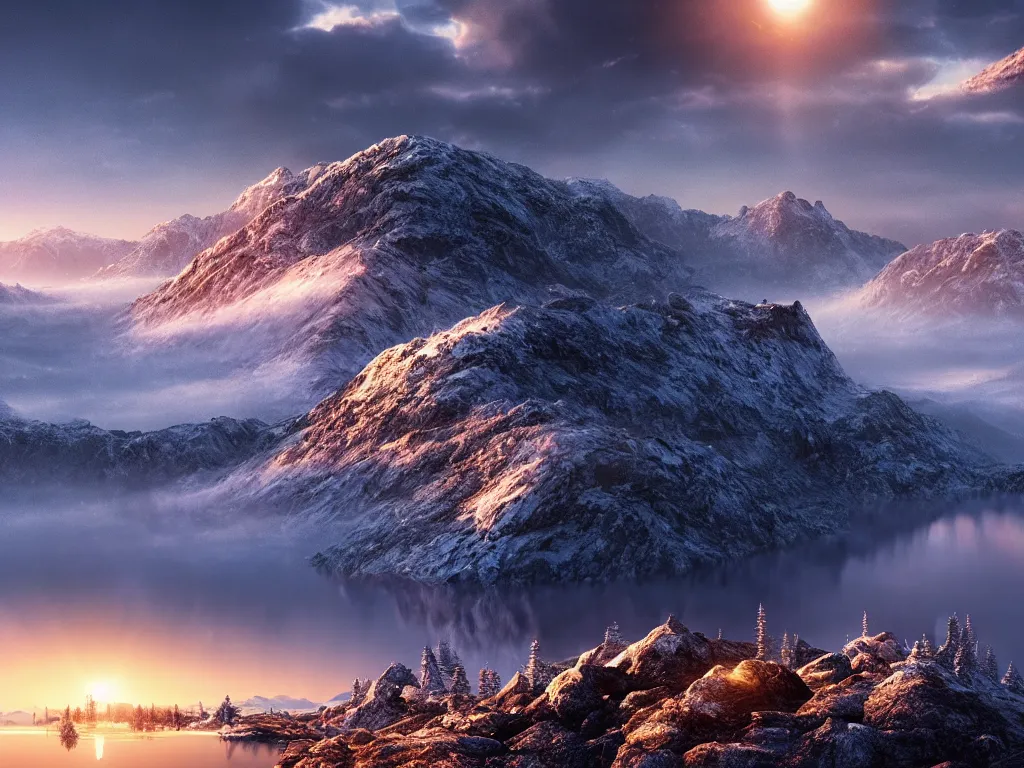 Image similar to epic crystalline taiga with a lake, golden hour, rocky ground, distant mountains with top on snow, atmospheric perspective, altostratus clouds, planets, cinematic, 3 5 mm lens, photographic, octane render, cinematography by roger deakins, in the style of ansel adams