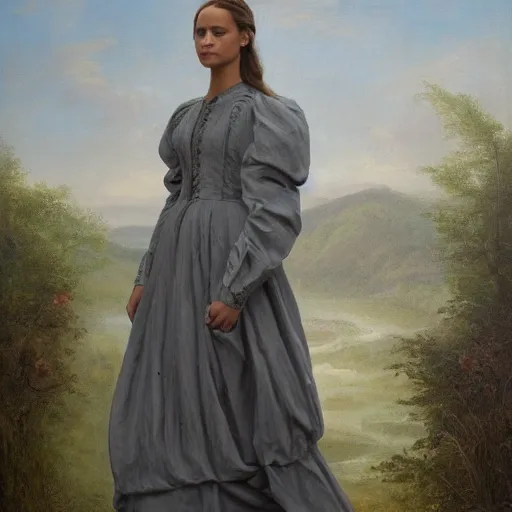 Image similar to portrait of Alicia Vikander wearing grey 1850 dress, in the style of the Hudson River School