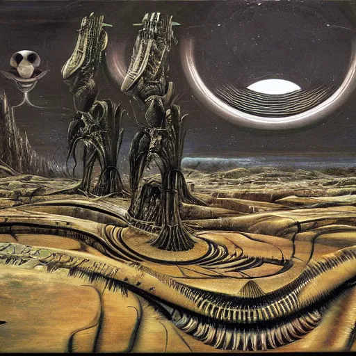 Prompt: landscape, alien sci-fi world, painting by H.R Giger