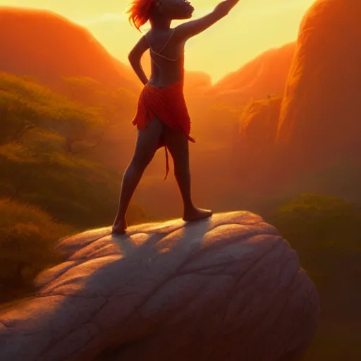 Image similar to Nala from the Lion King standing on pride rock, summer, bright and beautiful, orange tones, oil painting, Greg Rutkowski, Charlie Bowater, unreal 5, DAZ, hyperrealistic, octane render, RPG portrait, dynamic lighting, fantasy art, beautiful face