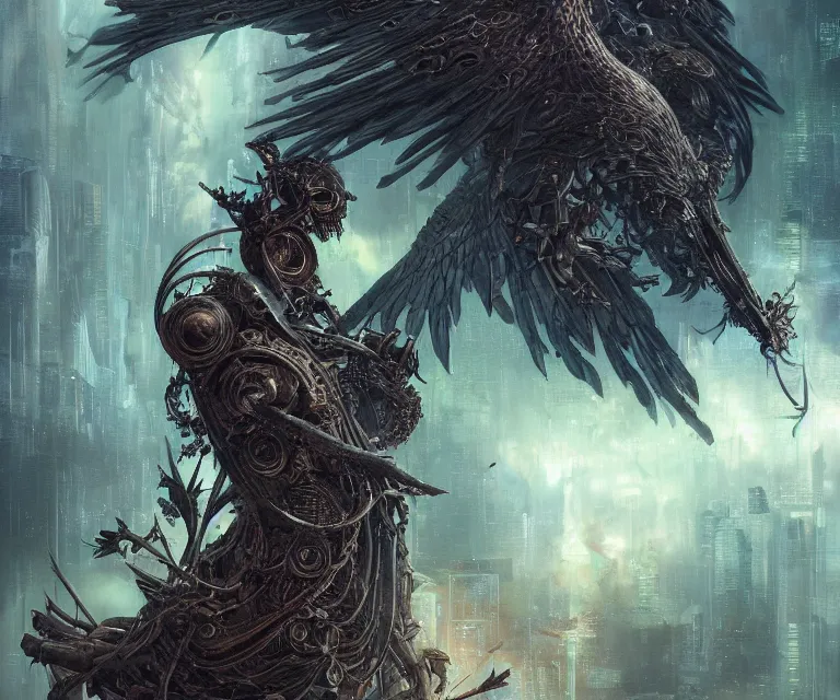 Image similar to a beautiful tarot card artwork of a cyberpunk fallen dark seraphim, horror, backlit, gloomy sky, highly detailed, digital painting, scales, by tomasz alen kopera and greg rutkowski and dan mumford and artgerm, vivid colors, masterpiece, detailed shading, 8 k resolution, intricate, smooth