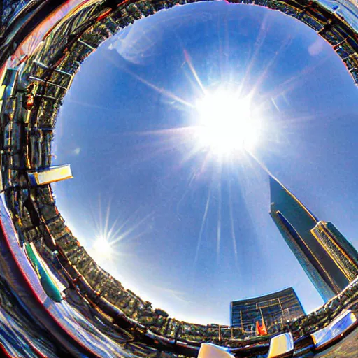 Image similar to sole of a boot about to step down, worms view, looking up, times square, sun spot, fisheye, hyperrealistic