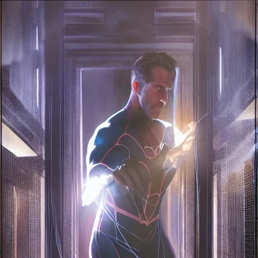 Image similar to ryan reynolds as a black and blue suit spider - man, cinematic, volumetric lighting, f 8 aperture, cinematic eastman 5 3 8 4 film, photorealistic by greg rutkowski, by stanley artgerm, by alphonse mucha