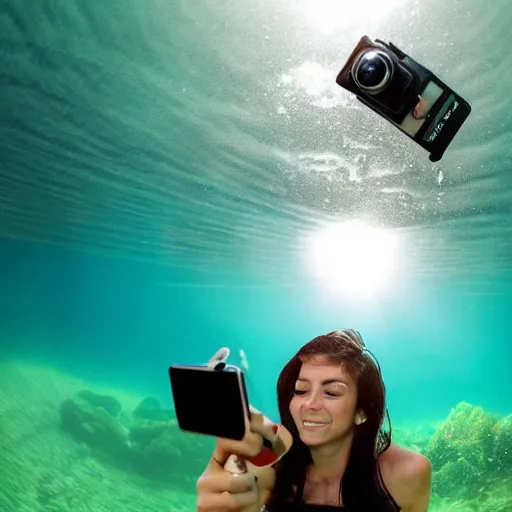 Prompt: woman taking a selfie with a fish, underwater, gopro photo