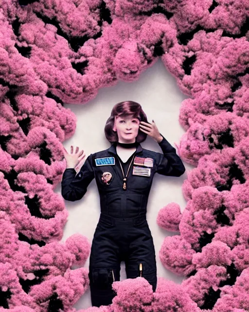 Image similar to a vintage photograph of a female astronaut standing on a bed of black and pink flowers, photorealistic, muted colors, dark aesthetic, intricate, elegant, sharp focus, illustration, highly detailed, digital painting, concept art, matte, art by wlop and artgerm and greg rutkowski and ross tran, masterpiece