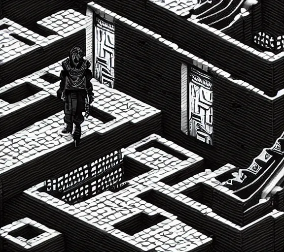 Image similar to a black and white illustration of a cyberpunk netrunner, street level, in the style of (Escher), 4k, 8k, HD, trending on artstation