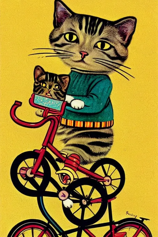 Prompt: a 1 9 5 0 s retro illustration by richard scarry and gustav klimt. a cat riding a bike.. muted colors, detailed