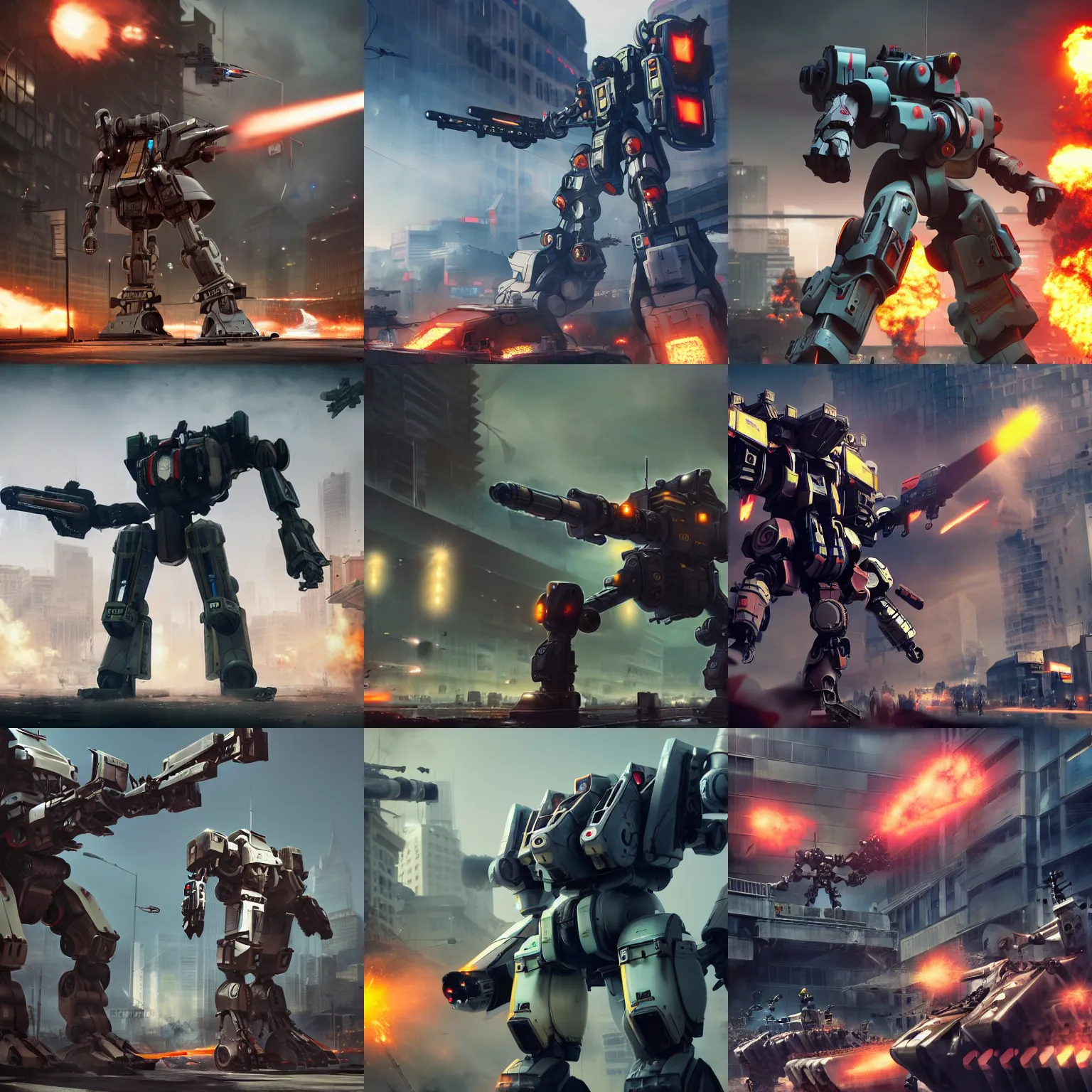 Six Meters Tall Mech Shooting At Tanks In A Crowded Stable Diffusion