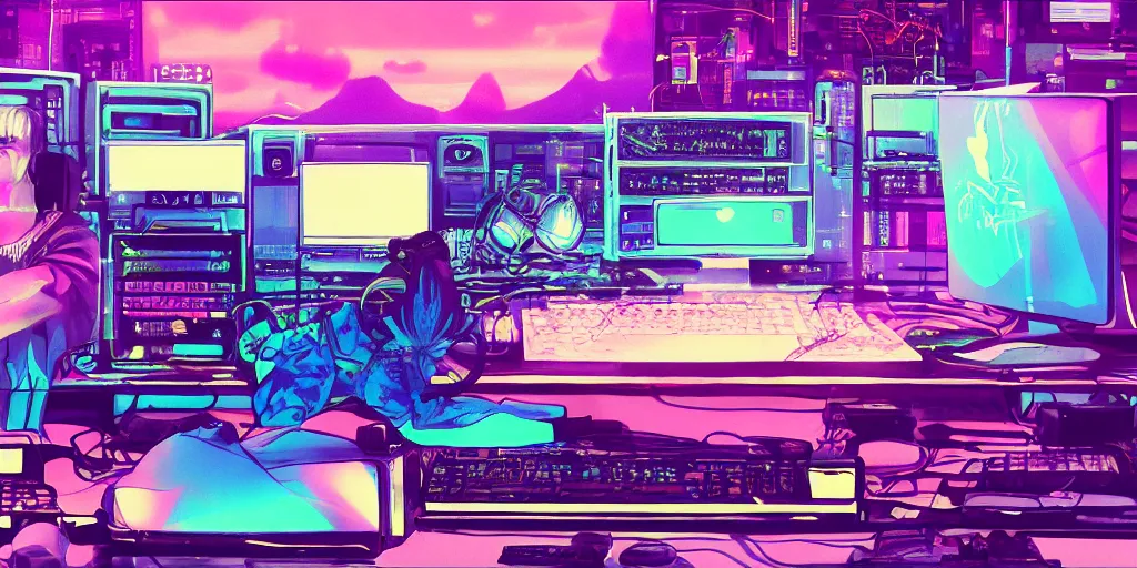 Image similar to discord moderator in front of a computer, lo-fi beats, synthwave