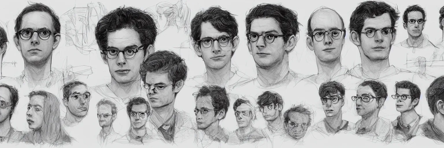 Prompt: character study of todd solondz and andrew garfield, 2 0 2 2, clear faces, emotional, character sheet, fine details, concept design, contrast, kim jung gi, pixar and da vinci, trending on artstation, 8 k, full body and head, turnaround, front view, back view, ultra wide angle