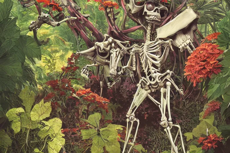 Prompt: 2 d gouache illustration, a lot of exotic vegetation, trees, tremendous skeletal robotic ancient gigantic robot, flowers, oldschool vintage sci - fi flat surreal design, super - detailed, painting by satoshi kon, hd, 4 k, high quality