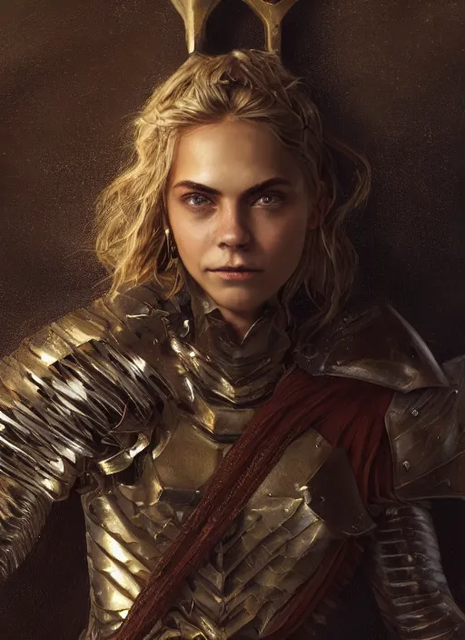 Image similar to portrait of cara delevinge as a legendary knight warrior, au naturel, hyper detailed, digital art, trending in artstation, cinematic lighting, studio quality, smooth render, unreal engine 5 rendered, octane rendered, art style by klimt and nixeu and ian sprigger and wlop and krenz cushart.