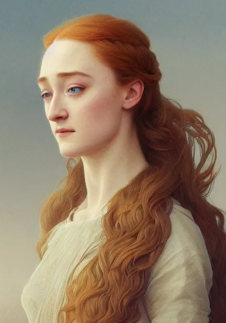 Image similar to sansa saoirse ronan, intricate, elegant, highly detailed, digital painting, artstation, concept art, smooth, sharp focus, illustration, art by artgerm and greg rutkowski and alphonse mucha and william - adolphe bouguereau