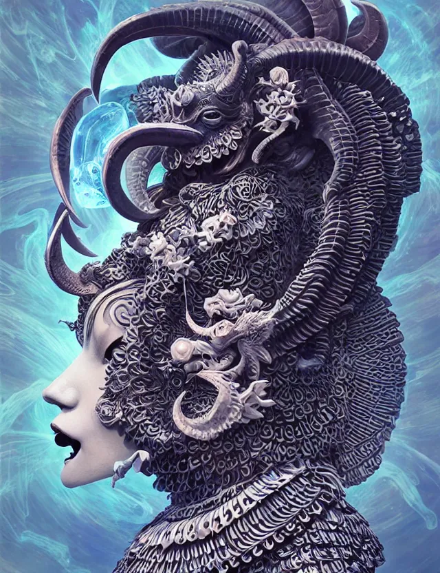 Image similar to 3 d goddess close - up profile portrait of satanic with ram skull. beautiful intricately detailed japanese crow kitsune mask and clasical japanese kimono. betta fish, jellyfish phoenix, bio luminescent, plasma, ice, water, wind, creature, artwork by tooth wu and wlop and beeple and greg rutkowski