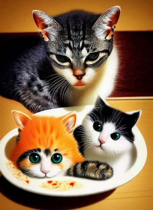 Image similar to clear photorealistic picture of adorable cats made out of sushi