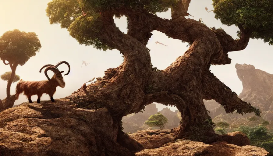 Prompt: very very small robotic goat, sitting on a gigantic dragon tree in socotra island by ilya kuvshinov, rtx rendering, octane render 1 2 8 k, maya, extreme high intricate details by tom bagshaw, medium shot, close up shot, composition by sana takeda, lighting by greg rutkowski