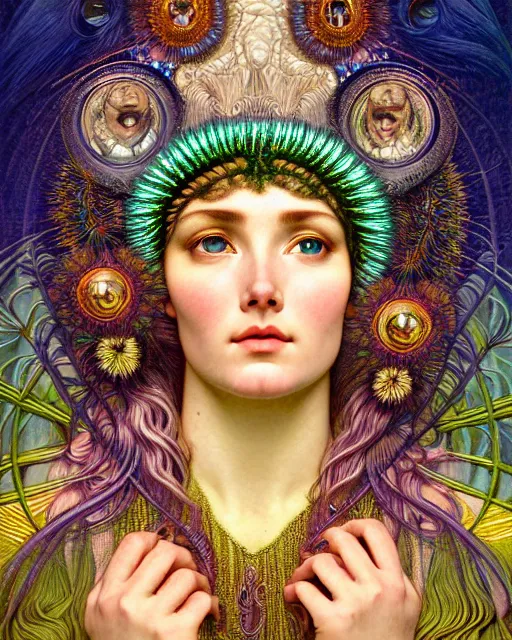 Prompt: hyperrealistic detailed face portrait of the beautiful goddess of the northern lights with an intricate headgear of a beautiful landscape, art by ernst haeckel, john william godward, android jones, alphonso mucha, h. r. giger, gothic - cyberpunk, ornamental, beautiful deep colours,