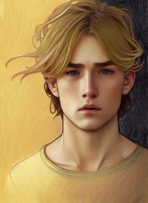 Image similar to pretty young man with shoulder length shiny shimmering golden blond hair, head down, shy, sad, scared, path traced, highly detailed, high quality, digital painting, by studio ghibli and alphonse mucha, leesha hannigan, disney