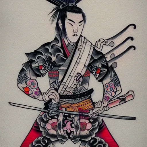 Image similar to A samurai holding a katana, Japanese Tattoo Style, tattoo, tattoo art, colorful,