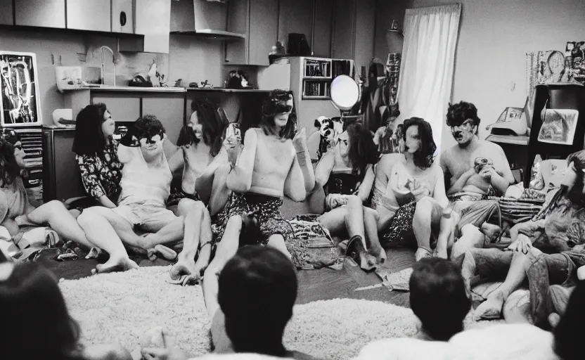 Image similar to a very 60's hippy style apartment party, 35mm,Epic,cinematic