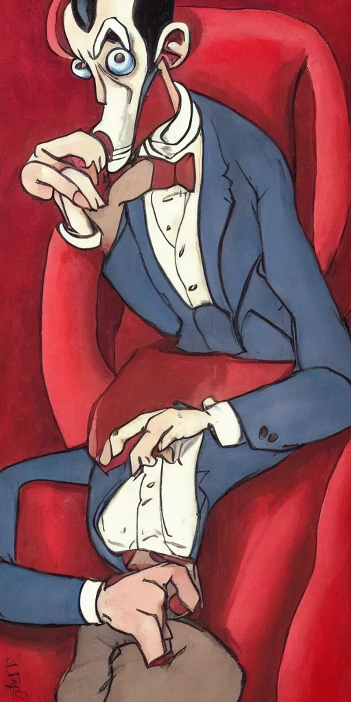 Image similar to a portrait of Earthworm Jim as an austere billionaire sitting in a red leather chair smoking his pipe and looking stately with his monocle