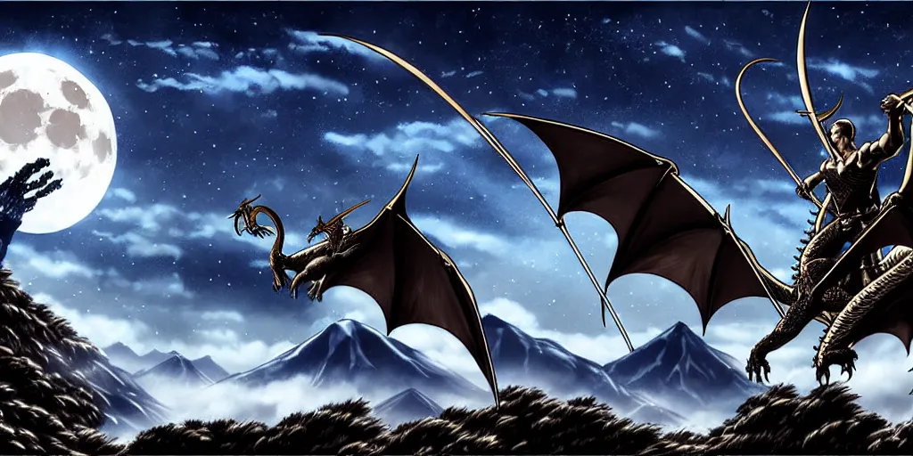 Image similar to archer. dragon. night sky. moon. mountain. dark fantasy. epic fight. detailed. digital art. artstation. by kentaro miura