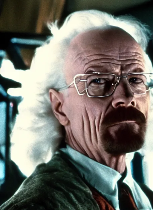 Prompt: film still of Walter White as Doc Brown in Back To The Future, 4k