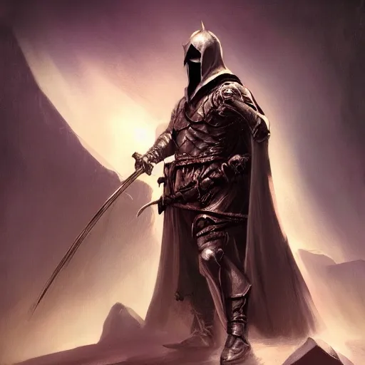 Image similar to hooded knight by frank frazetta, flowing cape, dynamic pose, chiaroscuro, fantasy, very detailed, dungeons & dragons, sharp focus, striking, artstation contest winner, detailed