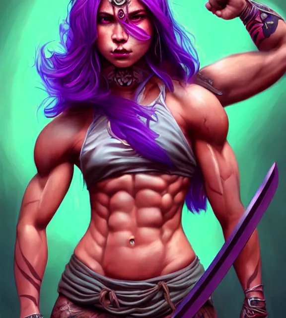 Image similar to muscular female warrior holding katana hilt, perfect face, diadem, detailed neon tattoos, halter top, purple flowing hair, abs, cinematic, blush, stunning, athletic, strong, agile, highly detailed, psychedelic, digital painting, artstation, smooth, hard focus, rim lighting, back lighting, illustration, art by jessica rossier and and brian froud