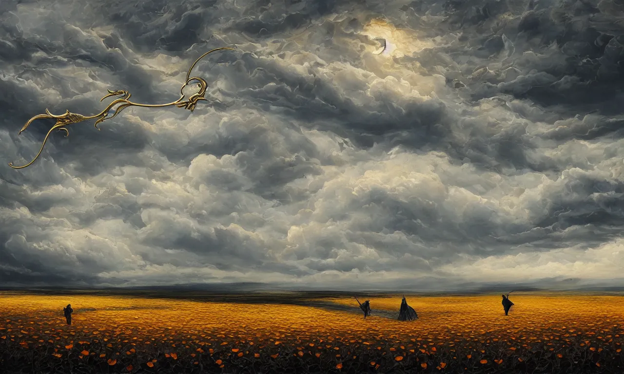 Image similar to breathtaking oil painting with palette knife of a plains landscape in luxurious nature, with intricate art nouveau moody dark tumultuous clouds, at dawn with golden petals flying, grim reaper silhouette with scythe, concept art, matte, by krista schumacher and georgia hart,