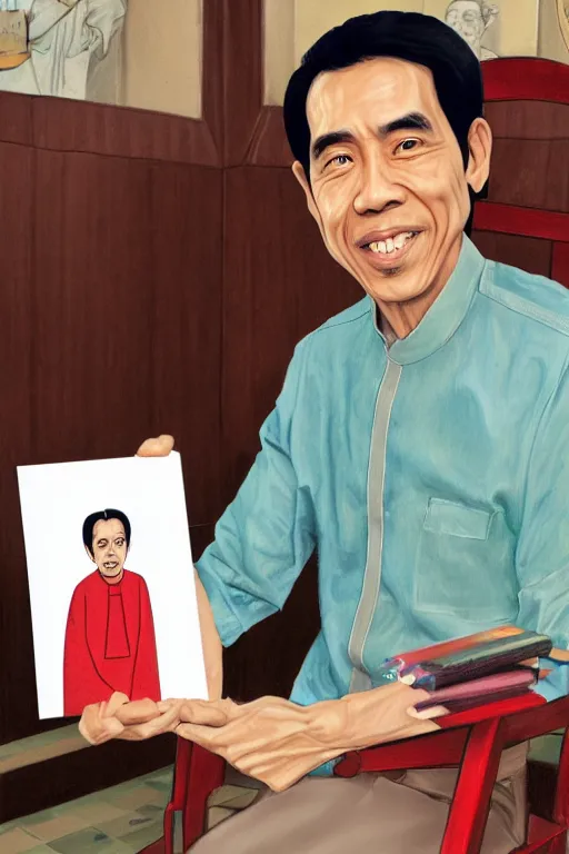 Image similar to saint jokowi with undang undang book in his hand, sketch and art by jacqueline e, color by bo feng lin