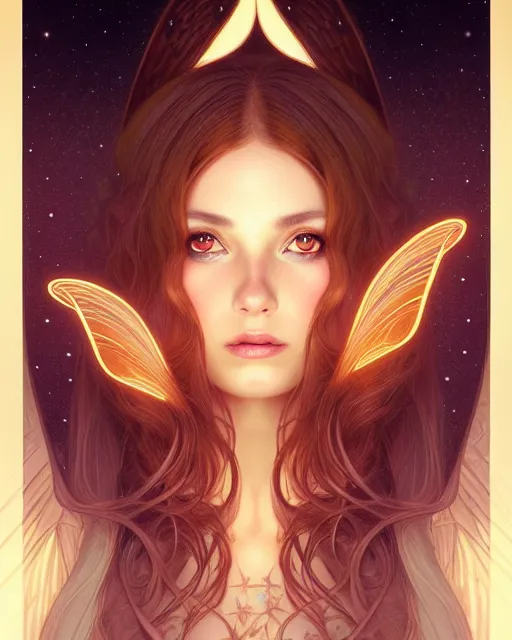 Image similar to symmetry portrait of brunette princess, glam, fae, fireflies, forest background, intricate, elegant, highly detailed, digital painting, artstation, concept art, smooth, sharp focus, illustration, art by artgerm and greg rutkowski and fra angelico and alphons mucha