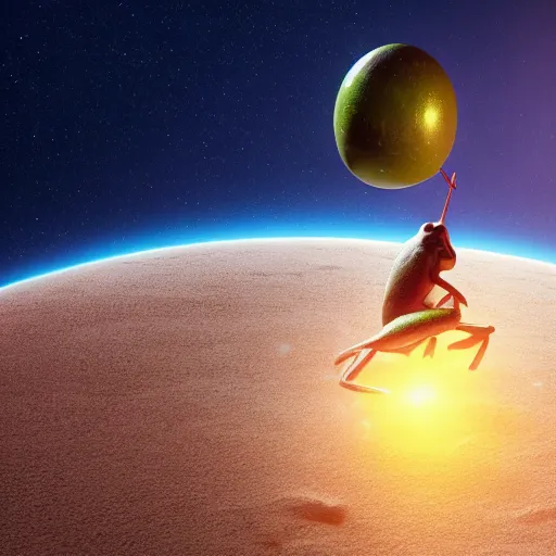 Image similar to a soldier frog lifting a planet over its head, octane render, cinematic rendering, 8 k, octane, digital art, vivid colors, impressive