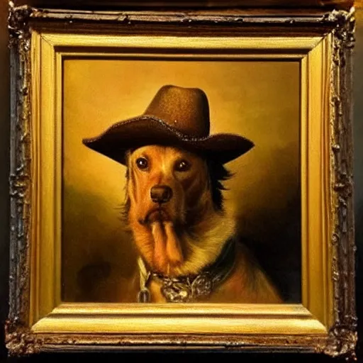 Prompt: dog with cowboy hat, painted by rembrandt, intricate, ultra detailed, painting, atmospheric lighting, golden hour.