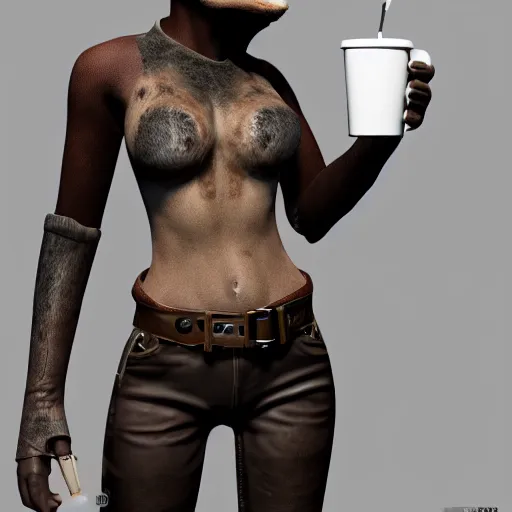 Image similar to A female humanoid hyena with leather clothes drinking coffee, unreal engine, 4k, artstation