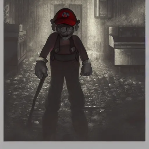 Image similar to concept art of mario from super mario bros lost in silent hill, resident evil, horror, occult, terror, mist, volumetric render, digital painting, detailed painting